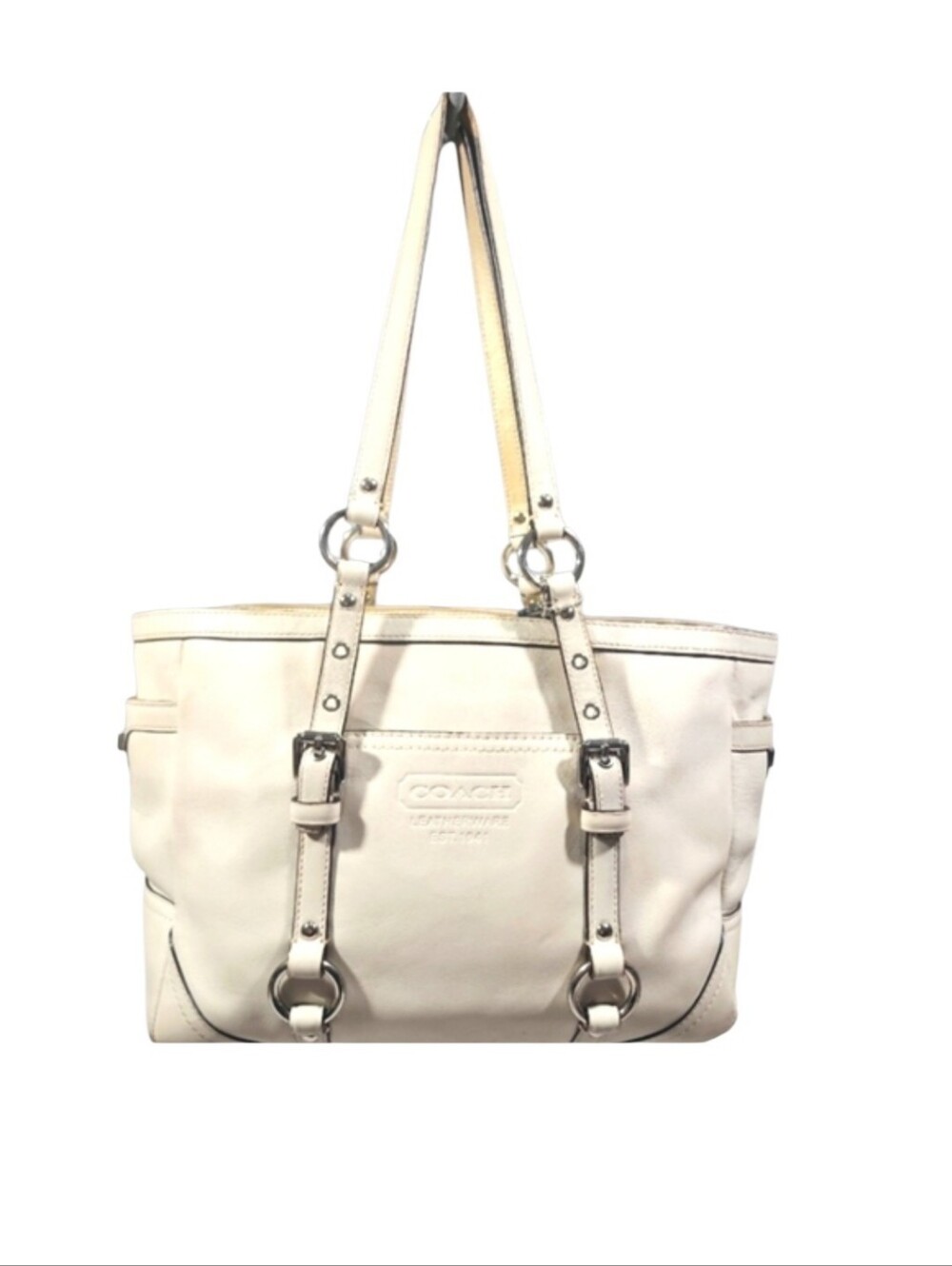 Coach F12343 Beige And Gold Leather Shoulder Tote  Bag